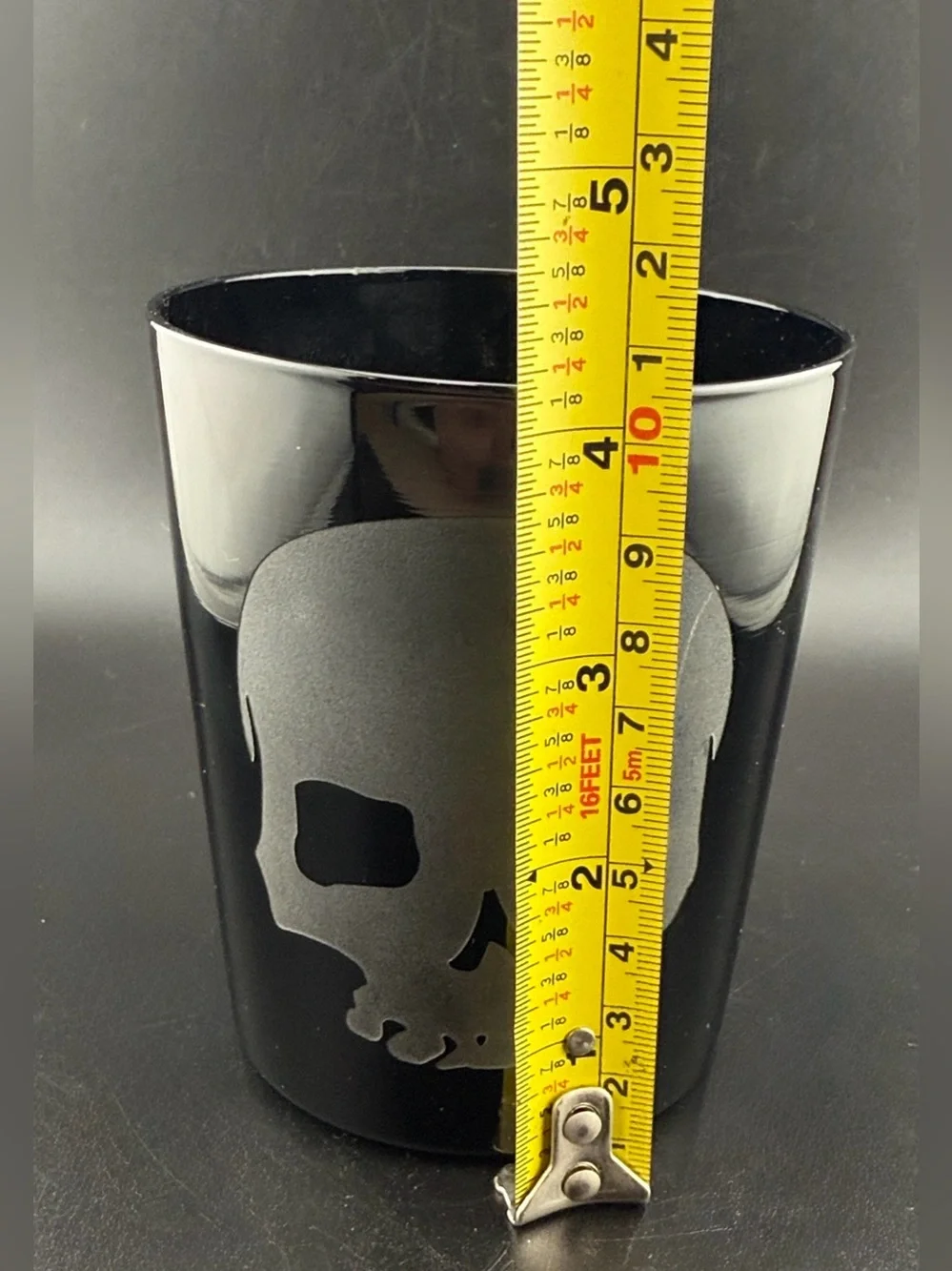 Pottery Barn double old-fashioned w/sleek black finish, etched skull design 14oz